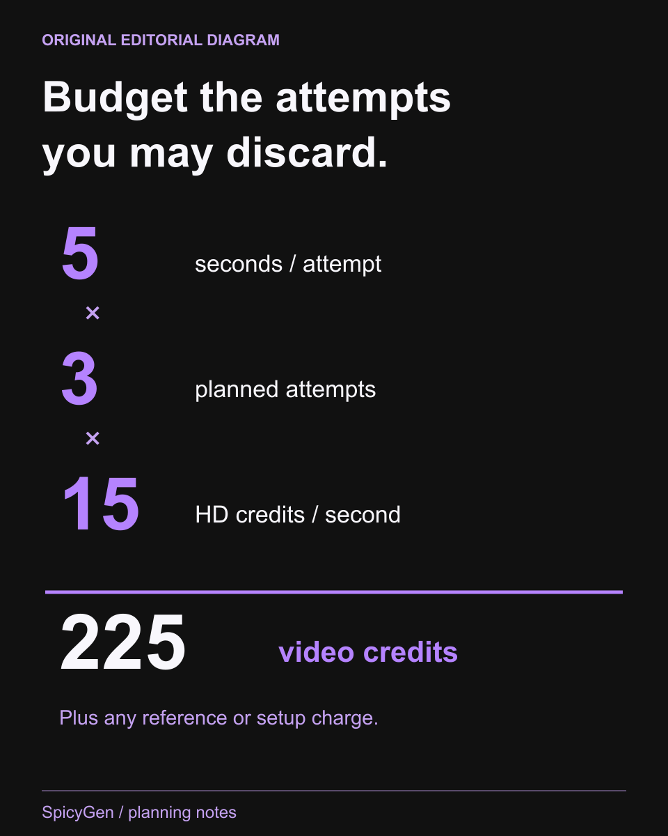 SpicyGen editorial video estimate: 5 seconds per attempt times 3 attempts times the published HD rate of 15 credits per second equals 225 video credits, plus any reference or setup charge. It is not a cash quote.